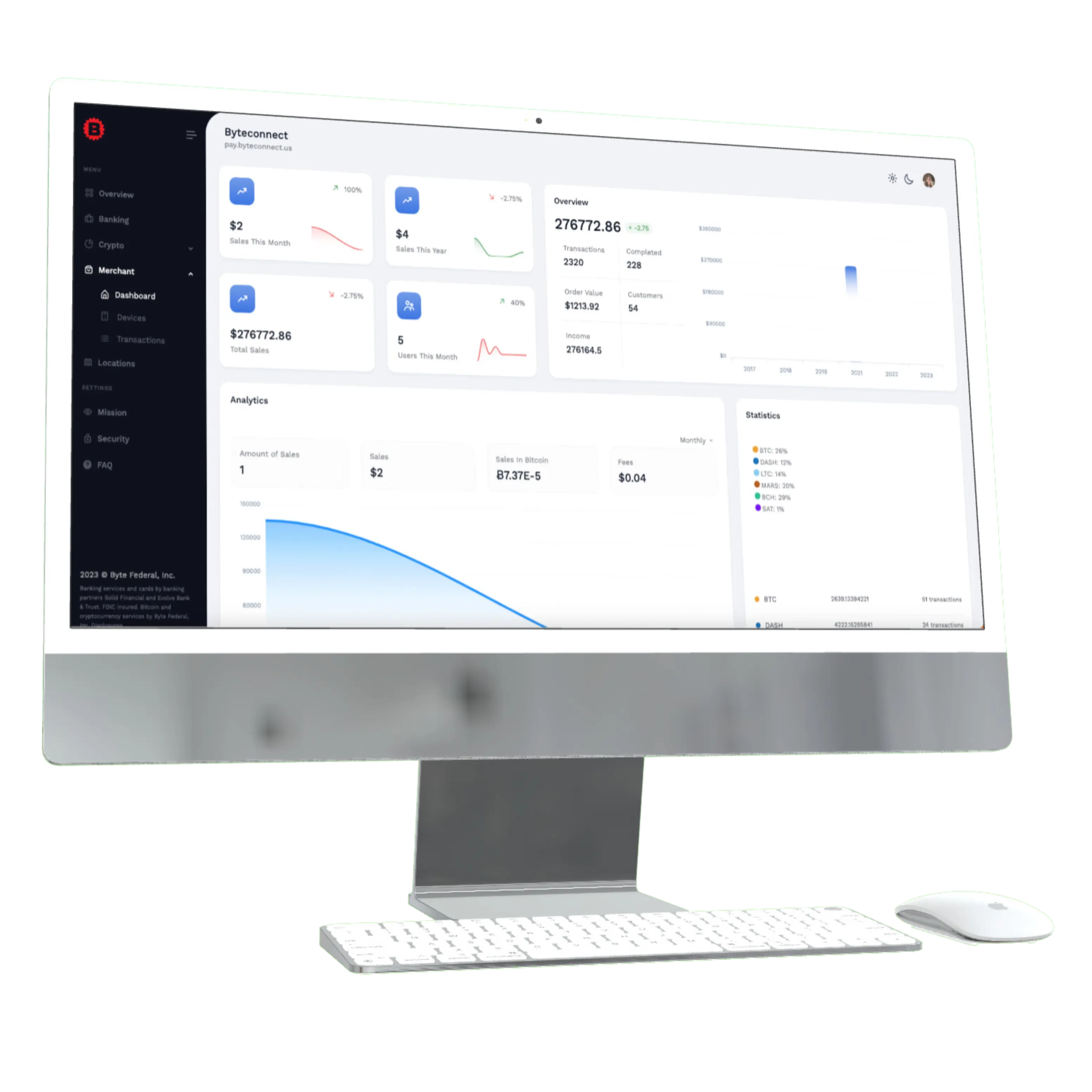ByteConnect merchant dashboard showing sales metrics and analytics