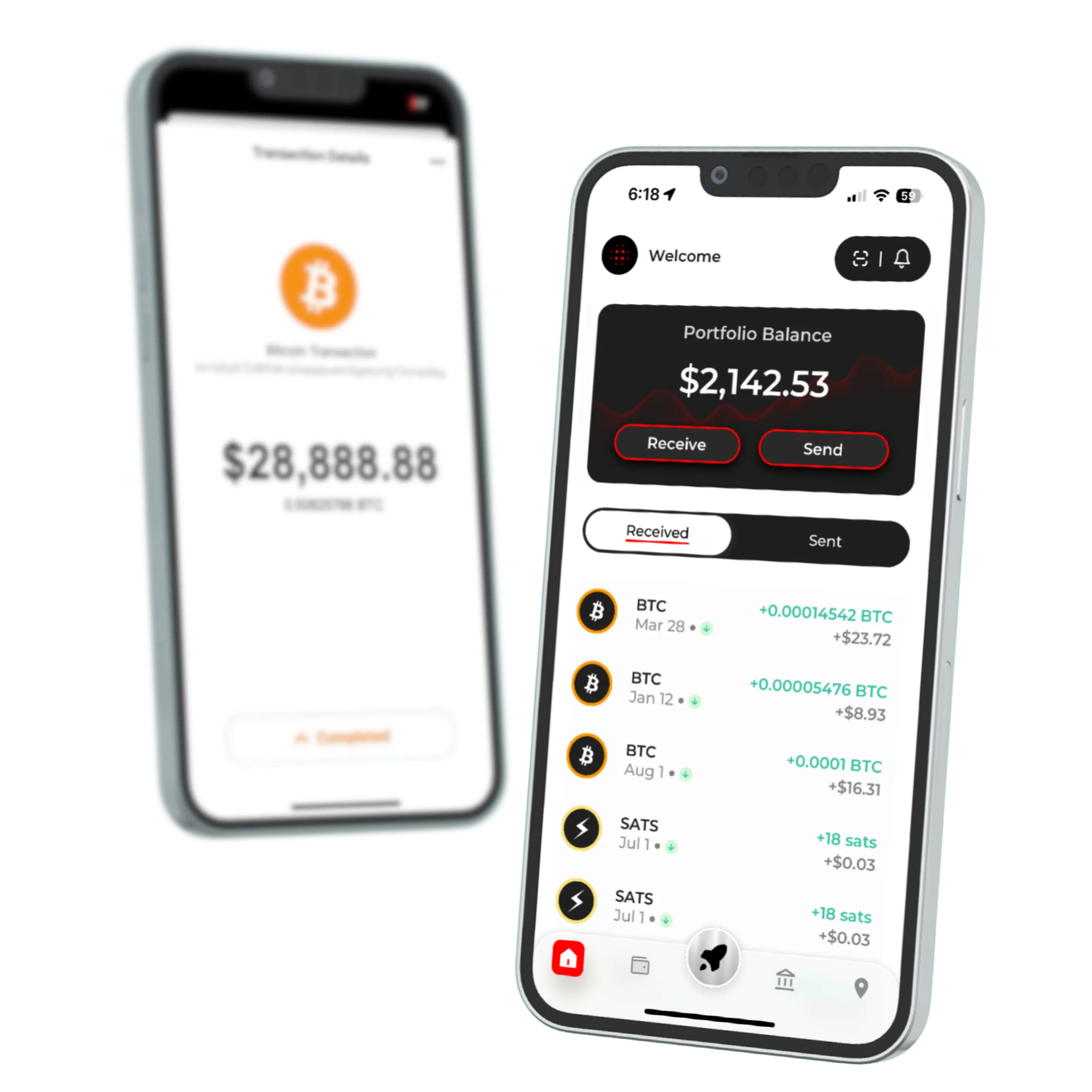 Mobile wallet app showing transaction details and portfolio balance