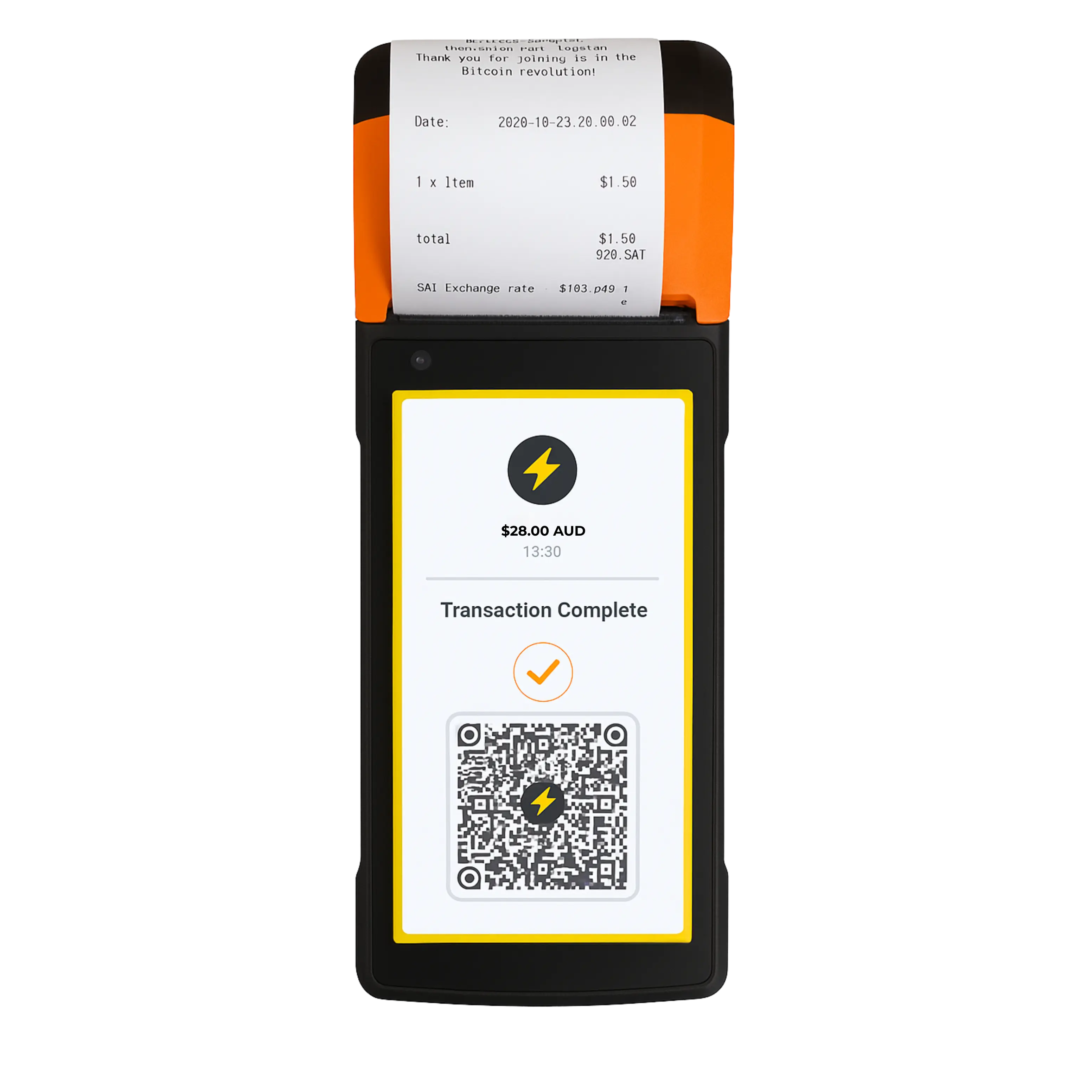 Terminal with printed receipt showing Transaction Complete