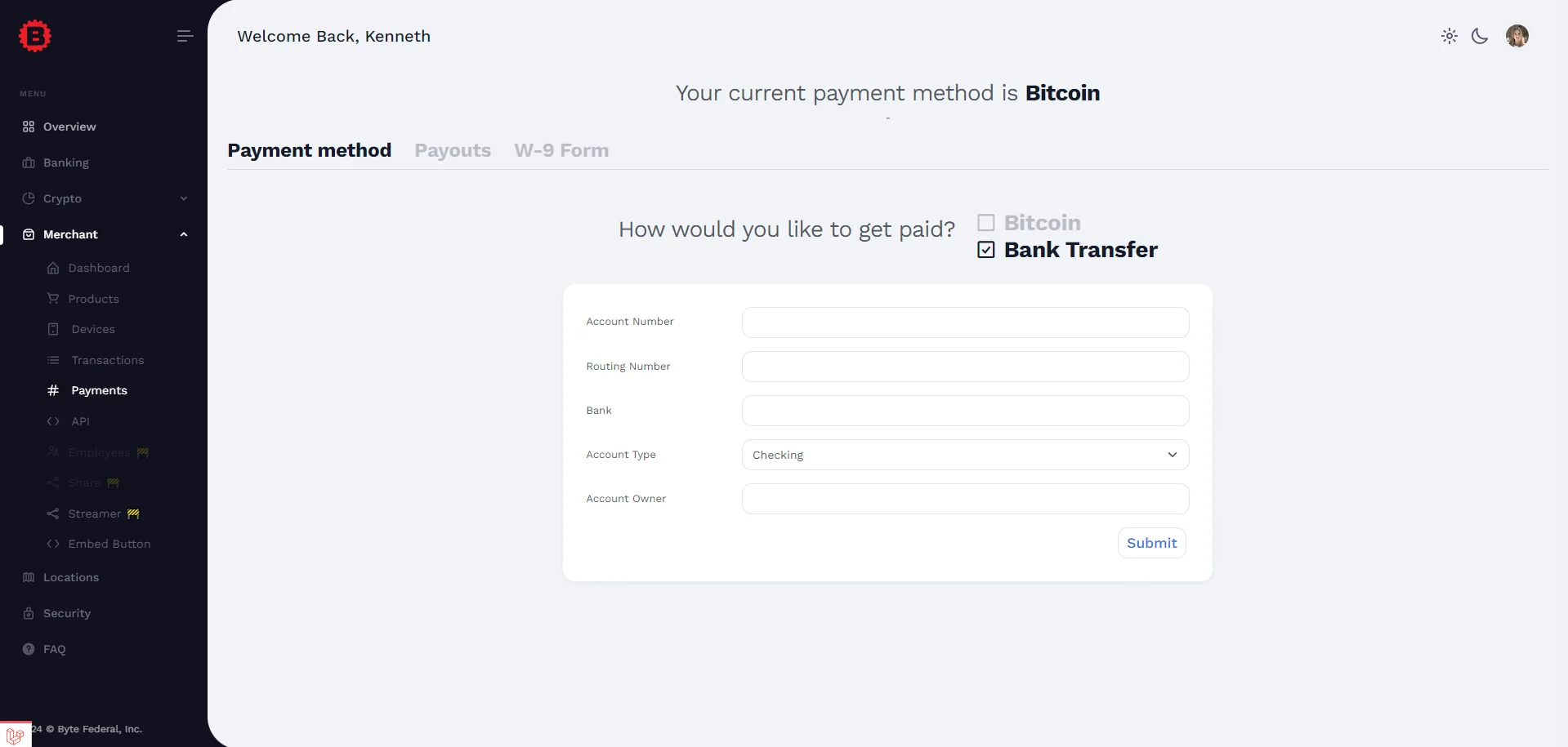 ByteConnect payout settings