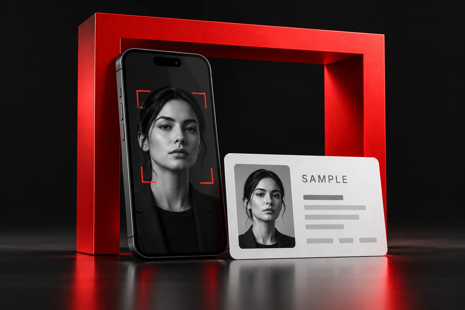 A live face scan and matching sample ID framed by a red checkpoint. Concept illustration.